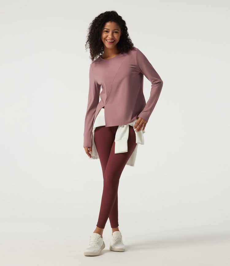 Round Neck Quick Dry Long Sleeve Seam Split Hem Running Sports Top-UPF50+