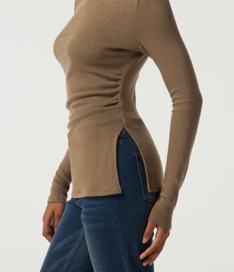 Mock Neck Long Sleeve Split Hem Ruched Casual Top