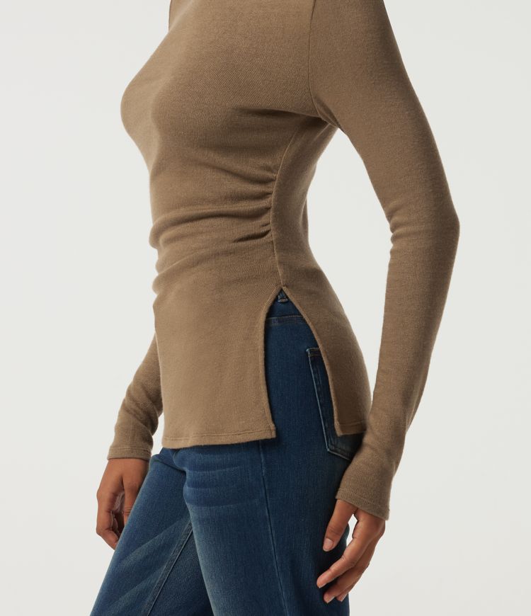 Mock Neck Long Sleeve Split Hem Ruched Casual Top