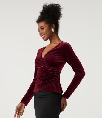 V Neck Long Sleeve Crossover Ruched Velvet Party Top V Neck Long Sleeve Crossover Ruched Velvet Party Top