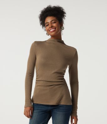 Mock Neck Long Sleeve Split Hem Ruched Casual Top