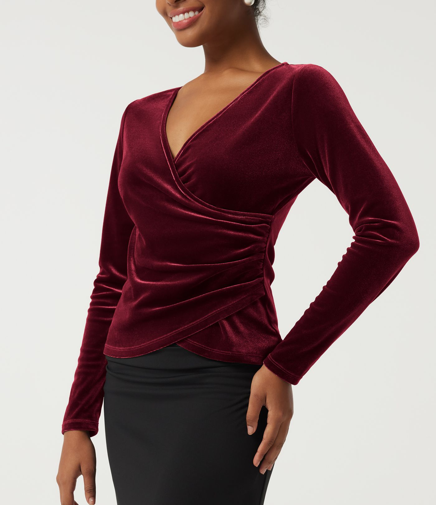 V Neck Long Sleeve Crossover Ruched Velvet Party Top V Neck Long Sleeve Crossover Ruched Velvet Party Top