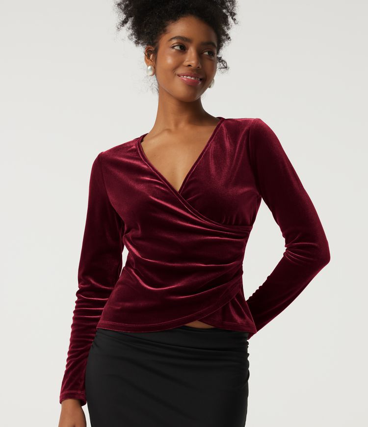 V Neck Long Sleeve Crossover Ruched Velvet Party Top V Neck Long Sleeve Crossover Ruched Velvet Party Top