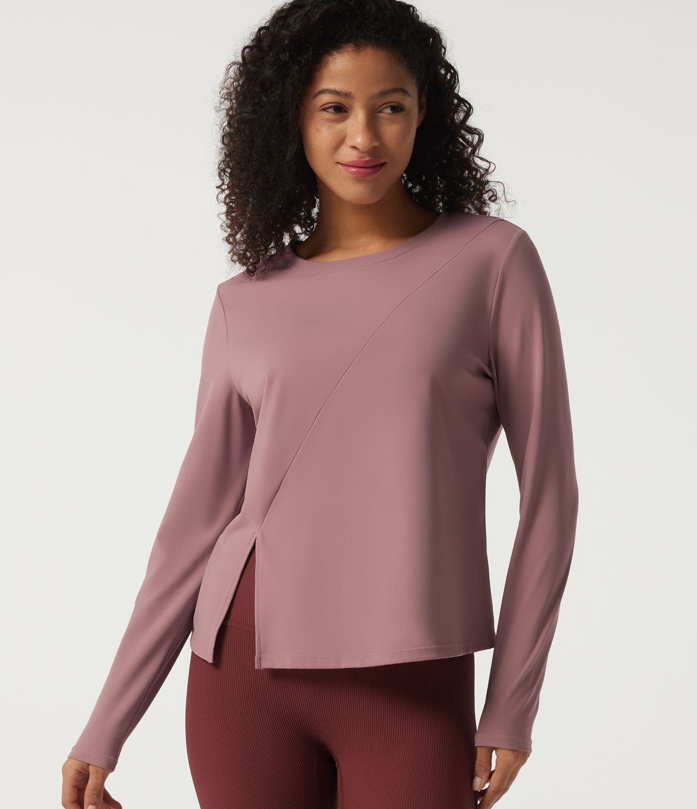 Round Neck Quick Dry Long Sleeve Seam Split Hem Running Sports Top-UPF50+
