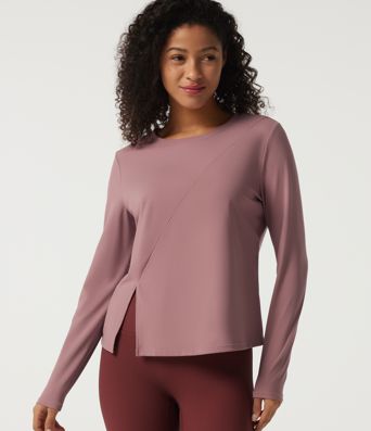 Round Neck Quick Dry Long Sleeve Seam Split Hem Running Sports Top-UPF50+