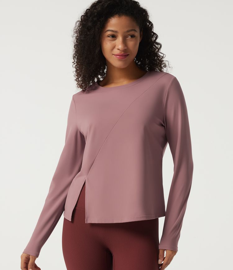 Round Neck Quick Dry Long Sleeve Seam Split Hem Running Sports Top-UPF50+