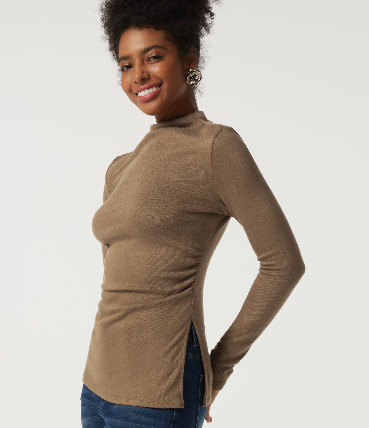 Mock Neck Long Sleeve Split Hem Ruched Casual Top