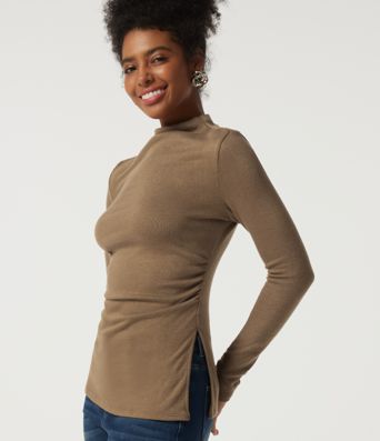 Mock Neck Long Sleeve Split Hem Ruched Casual Top