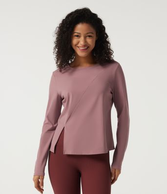 Round Neck Quick Dry Long Sleeve Seam Split Hem Running Sports Top-UPF50+