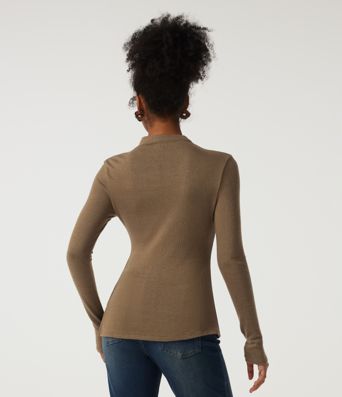 Mock Neck Long Sleeve Split Hem Ruched Casual Top