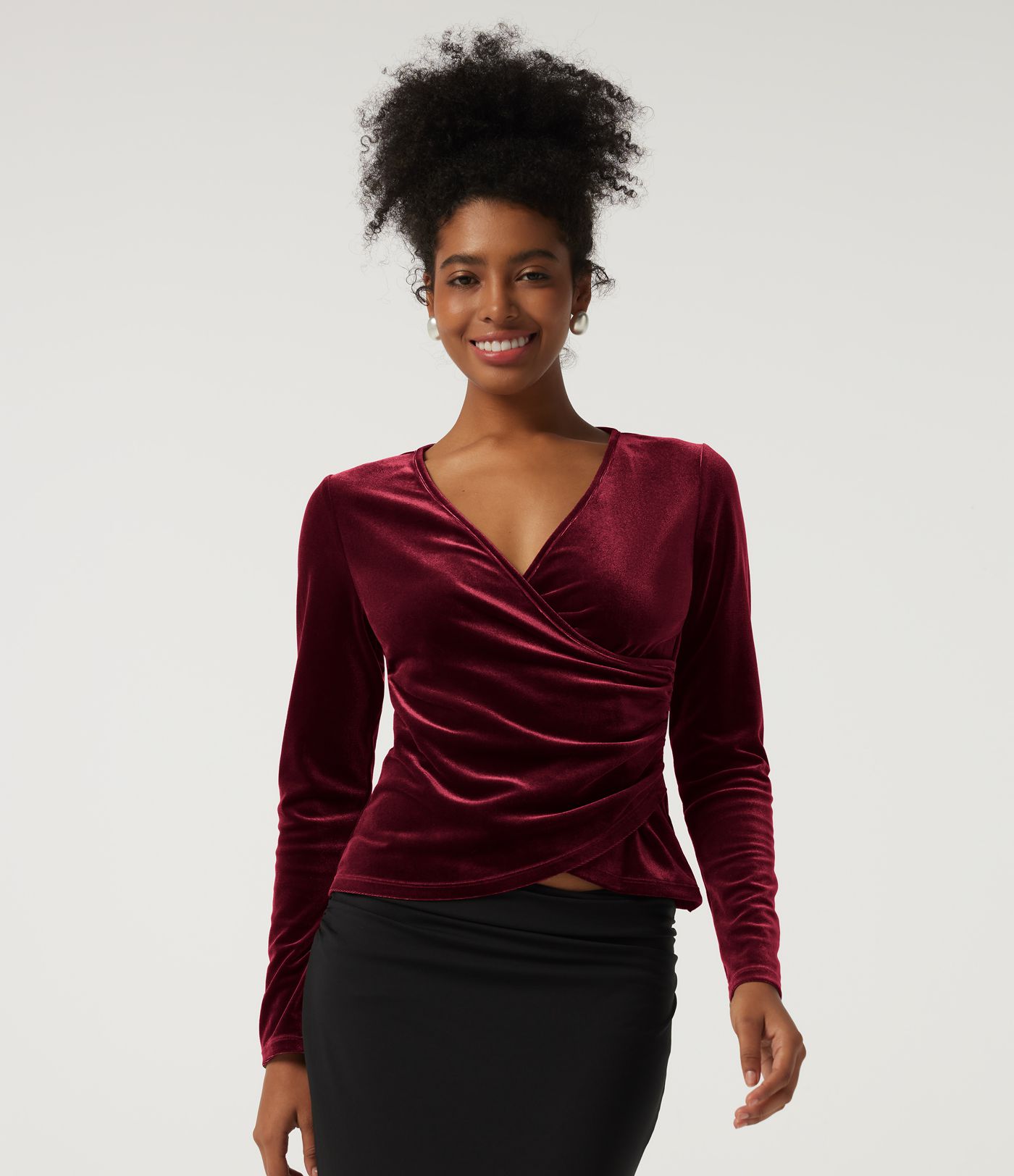 V Neck Long Sleeve Crossover Ruched Velvet Party Top V Neck Long Sleeve Crossover Ruched Velvet Party Top