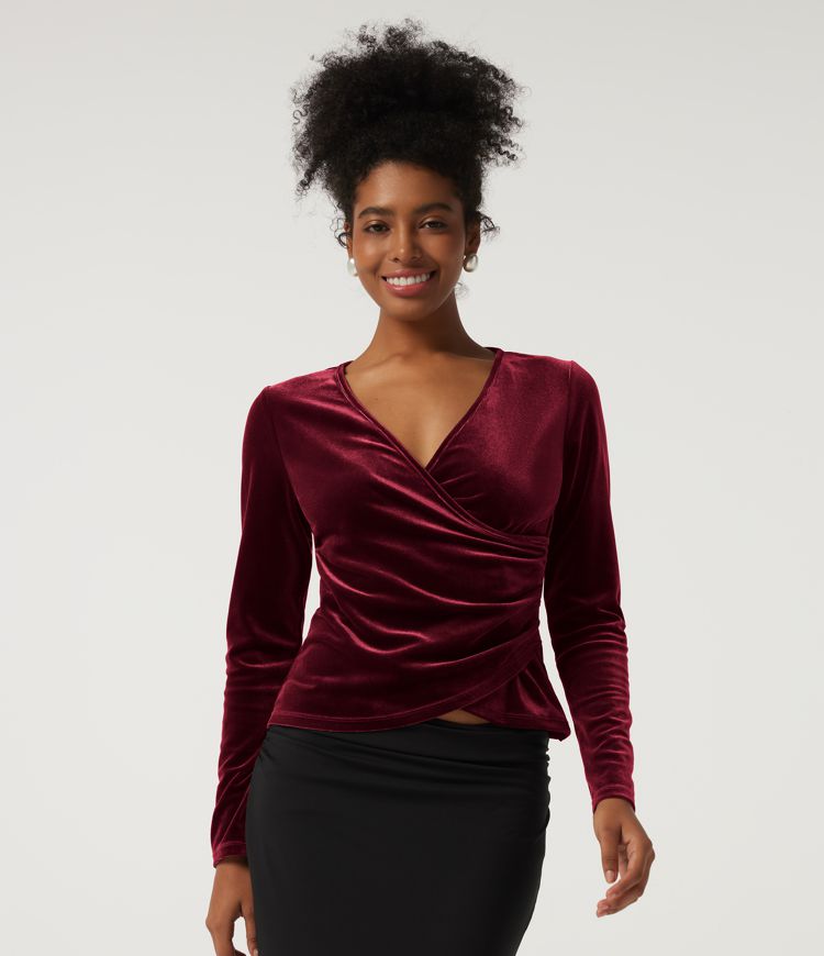 V Neck Long Sleeve Crossover Ruched Velvet Party Top V Neck Long Sleeve Crossover Ruched Velvet Party Top