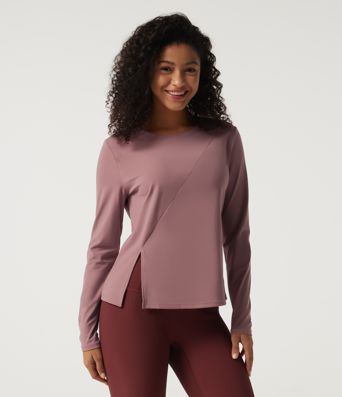 Round Neck Quick Dry Long Sleeve Seam Split Hem Running Sports Top-UPF50+