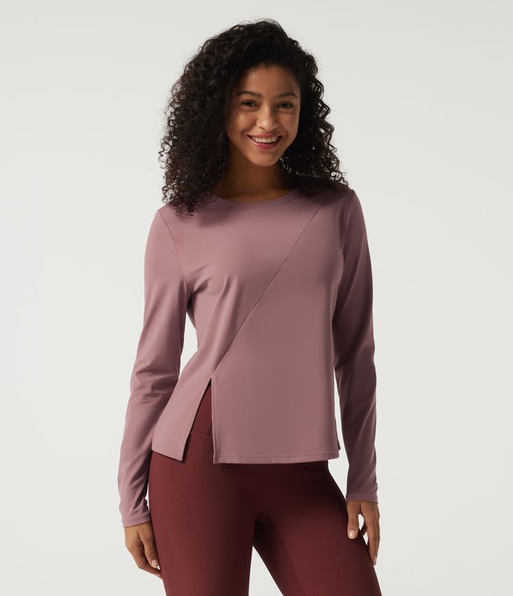 Round Neck Quick Dry Long Sleeve Seam Split Hem Running Sports Top-UPF50+