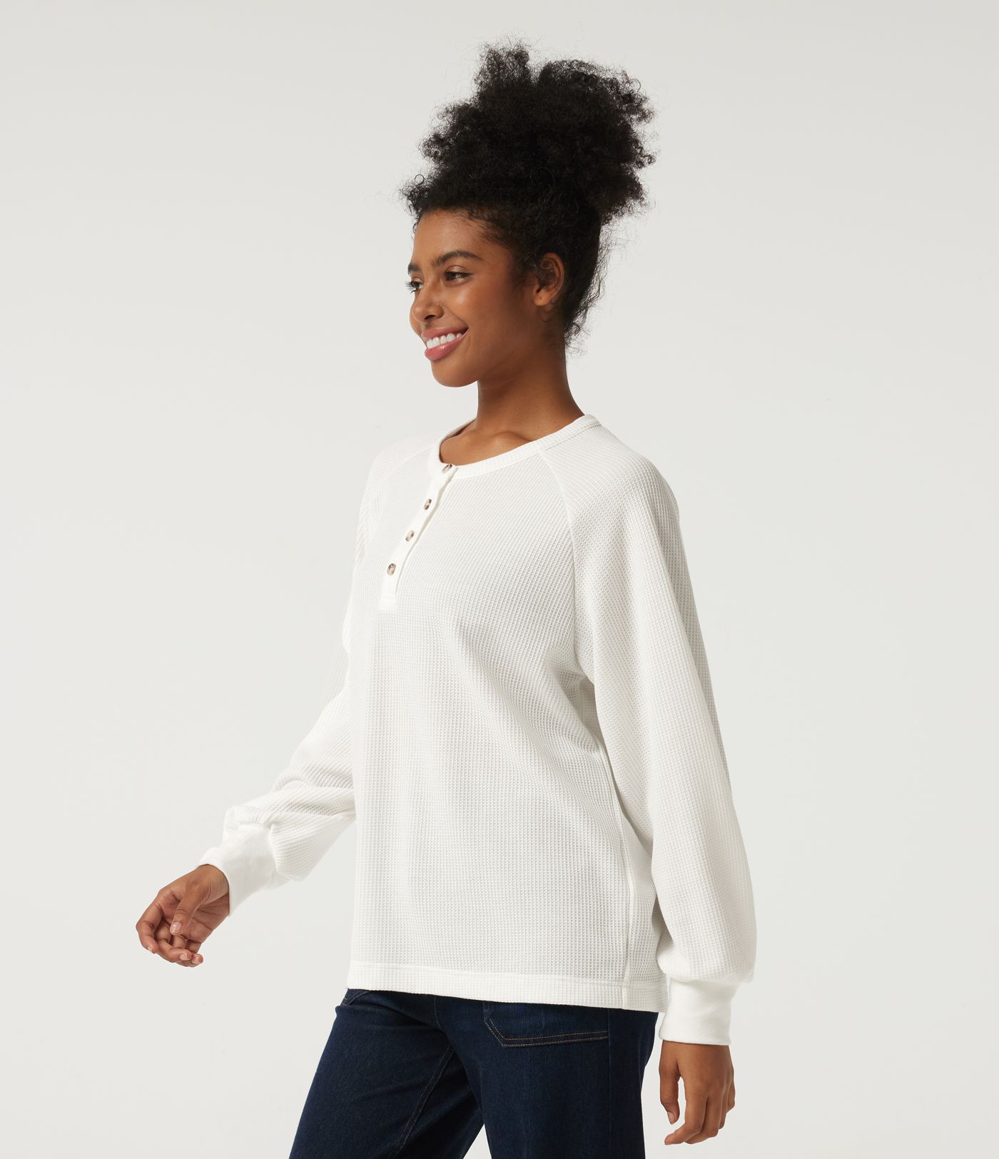 Henley Neck Long Sleeve Waffle Casual Top