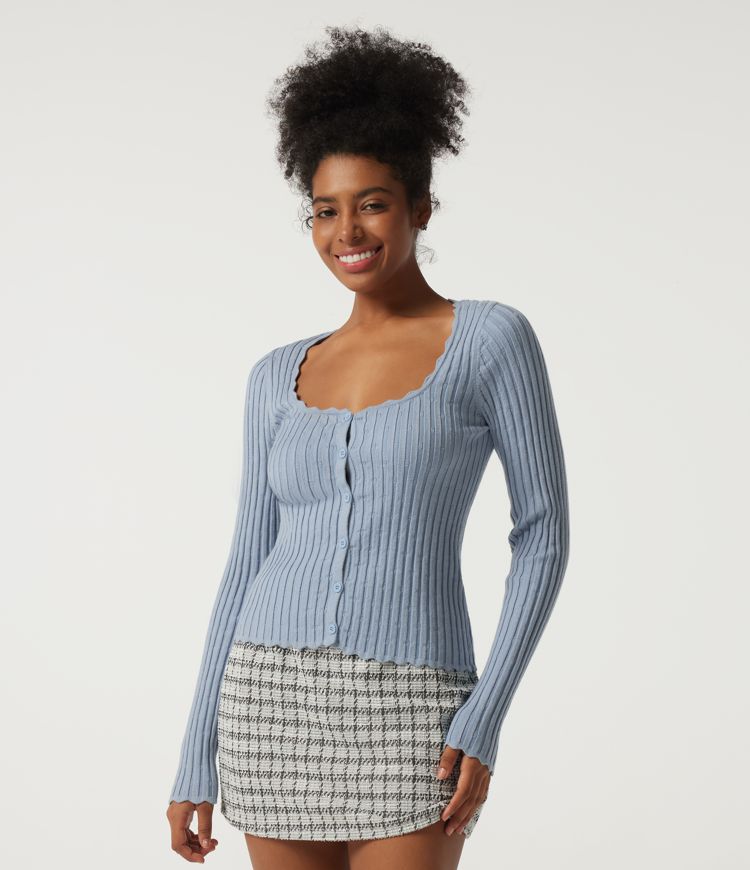 Ribbed Knit Square Neck Long Sleeve Casual Sweater Ribbed Knit Square Neck Long Sleeve Casual Sweater