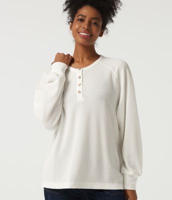 Henley Neck Long Sleeve Waffle Casual Top
