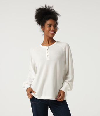 Henley Neck Long Sleeve Waffle Casual Top