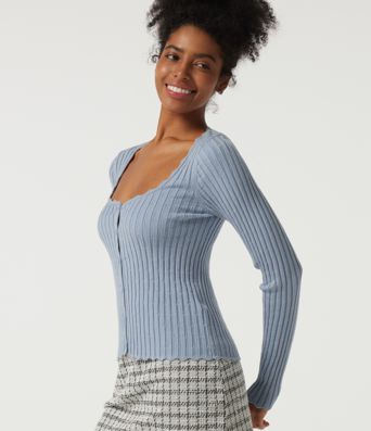 Ribbed Knit Square Neck Long Sleeve Casual Sweater Ribbed Knit Square Neck Long Sleeve Casual Sweater