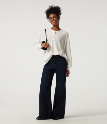 Henley Neck Long Sleeve Waffle Casual Top