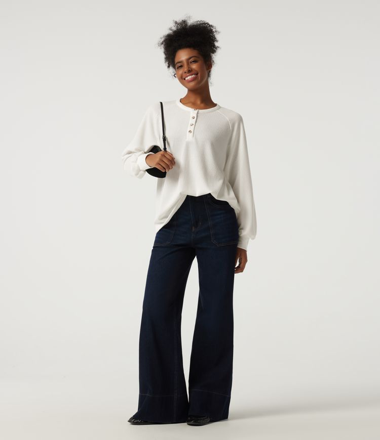 Henley Neck Long Sleeve Waffle Casual Top