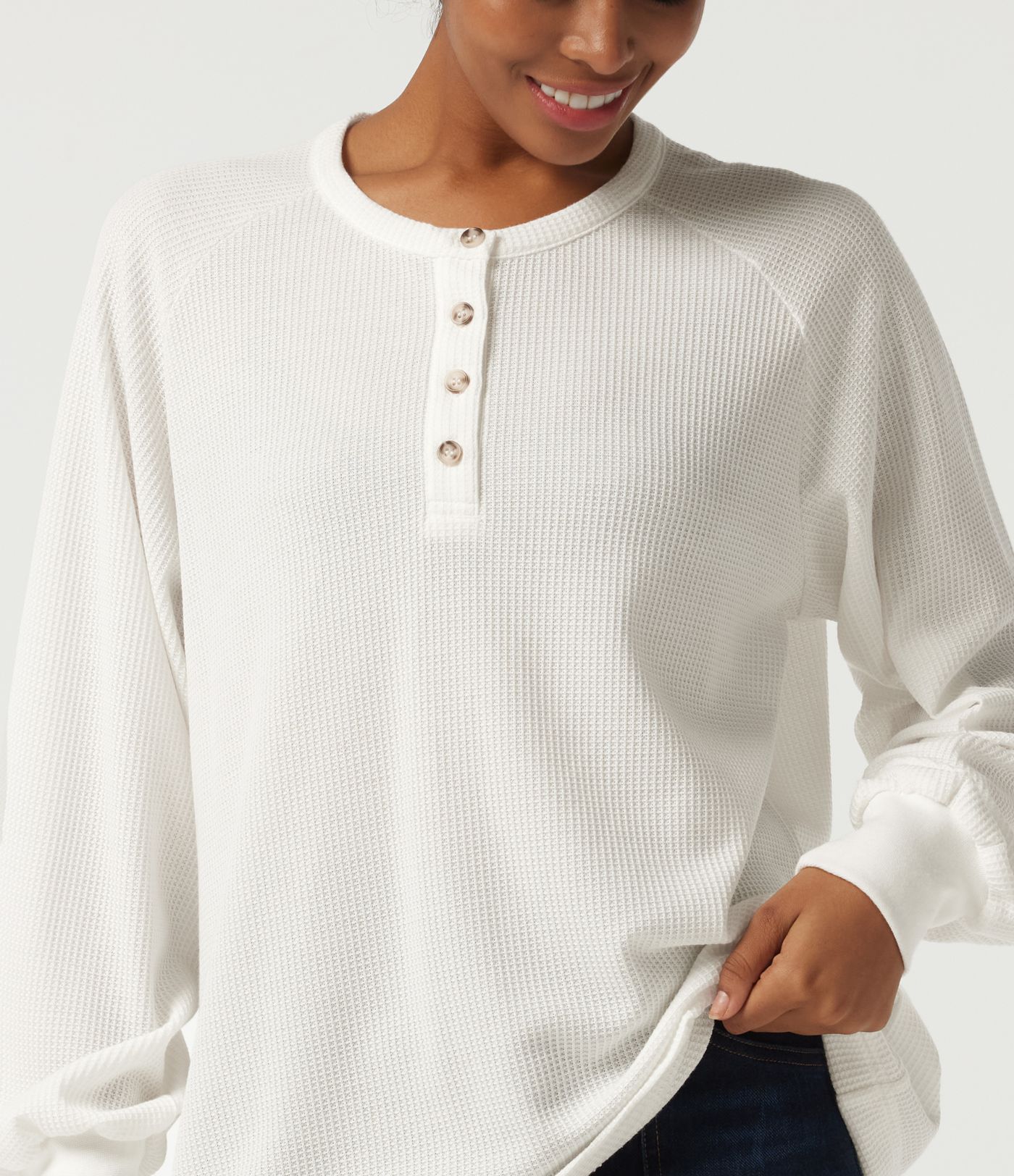 Henley Neck Long Sleeve Waffle Casual Top