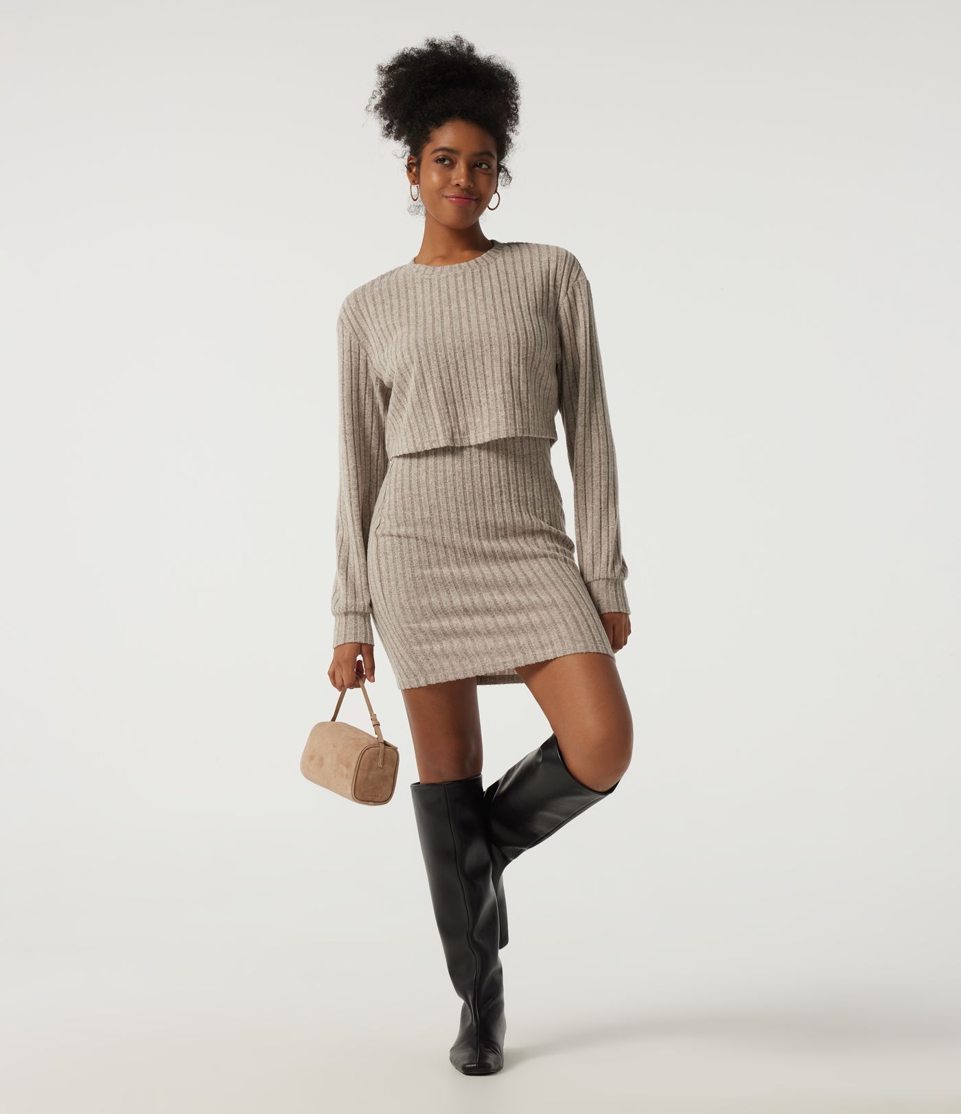 Ribbed Knit Round Neck Long Sleeve 2-Piece Bodycon Mini Casual Dress Ribbed Knit Round Neck Long Sleeve 2-Piece Bodycon Mini Casual Dress