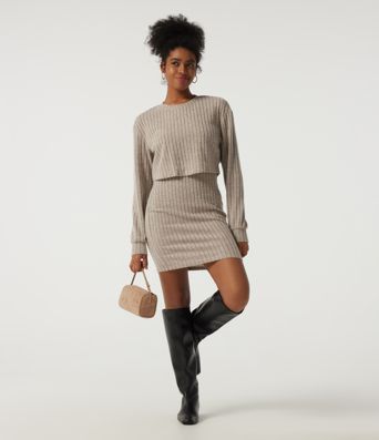 Ribbed Knit Round Neck Long Sleeve 2-Piece Bodycon Mini Casual Dress Ribbed Knit Round Neck Long Sleeve 2-Piece Bodycon Mini Casual Dress