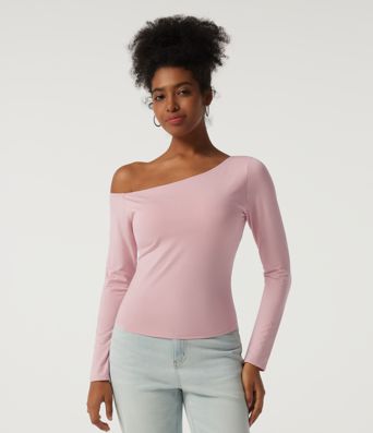 One Shoulder Long Sleeve Asymmetric Casual Top with Built-in Bra One Shoulder Long Sleeve Asymmetric Casual Top with Built-in Bra