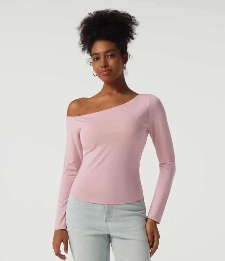 One Shoulder Long Sleeve Asymmetric Casual Top with Built-in Bra One Shoulder Long Sleeve Asymmetric Casual Top with Built-in Bra