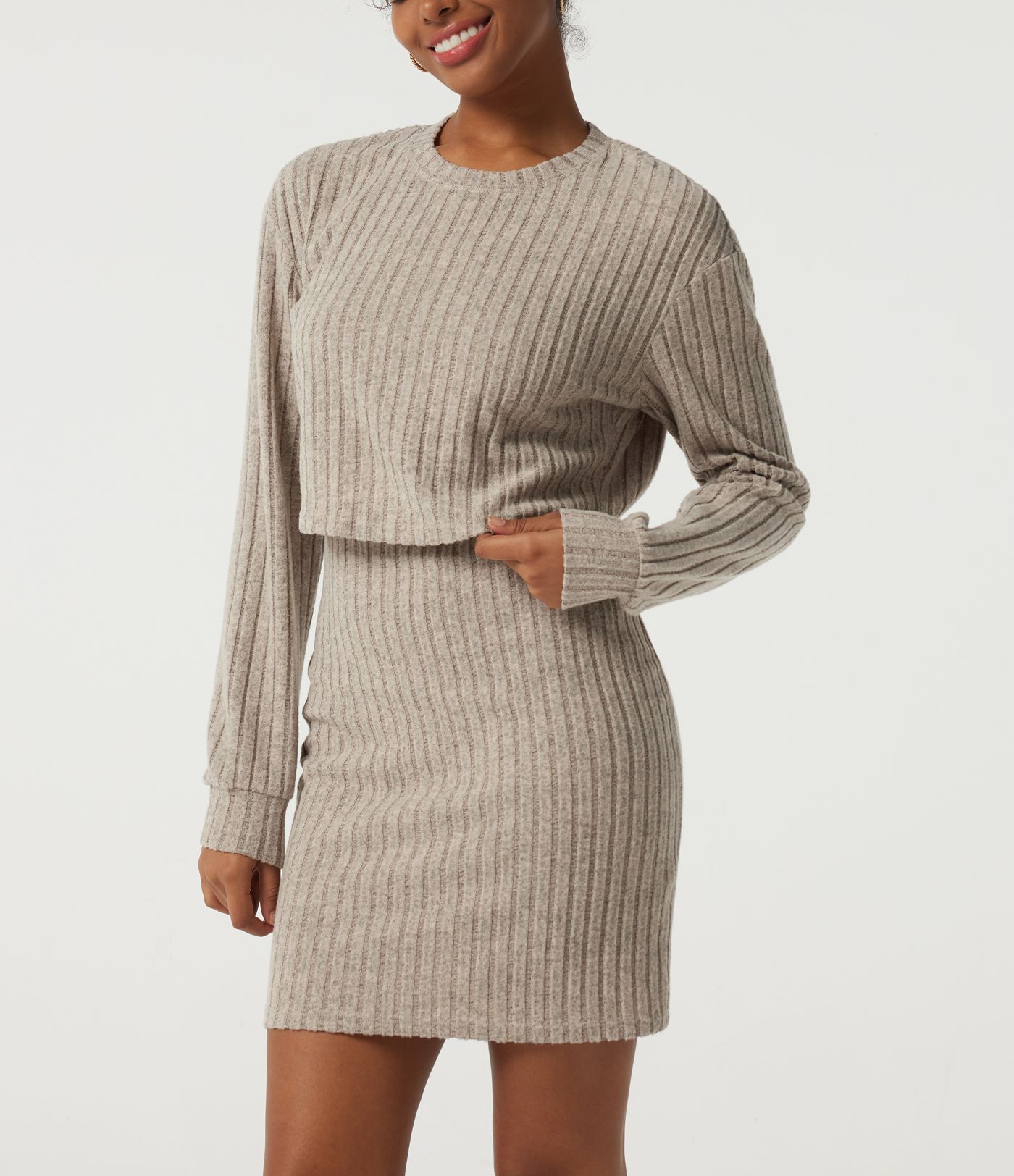 Ribbed Knit Round Neck Long Sleeve 2-Piece Bodycon Mini Casual Dress Ribbed Knit Round Neck Long Sleeve 2-Piece Bodycon Mini Casual Dress