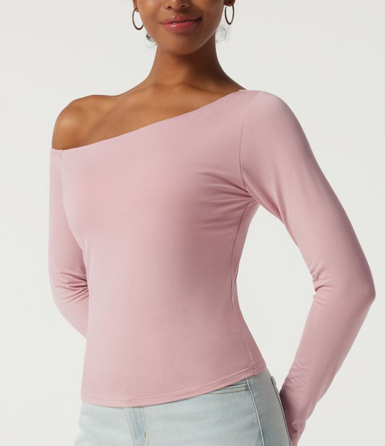 One Shoulder Long Sleeve Asymmetric Casual Top with Built-in Bra One Shoulder Long Sleeve Asymmetric Casual Top with Built-in Bra