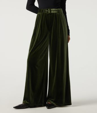 High Waisted Belted Wide Leg Velvet Casual Pants with Pockets