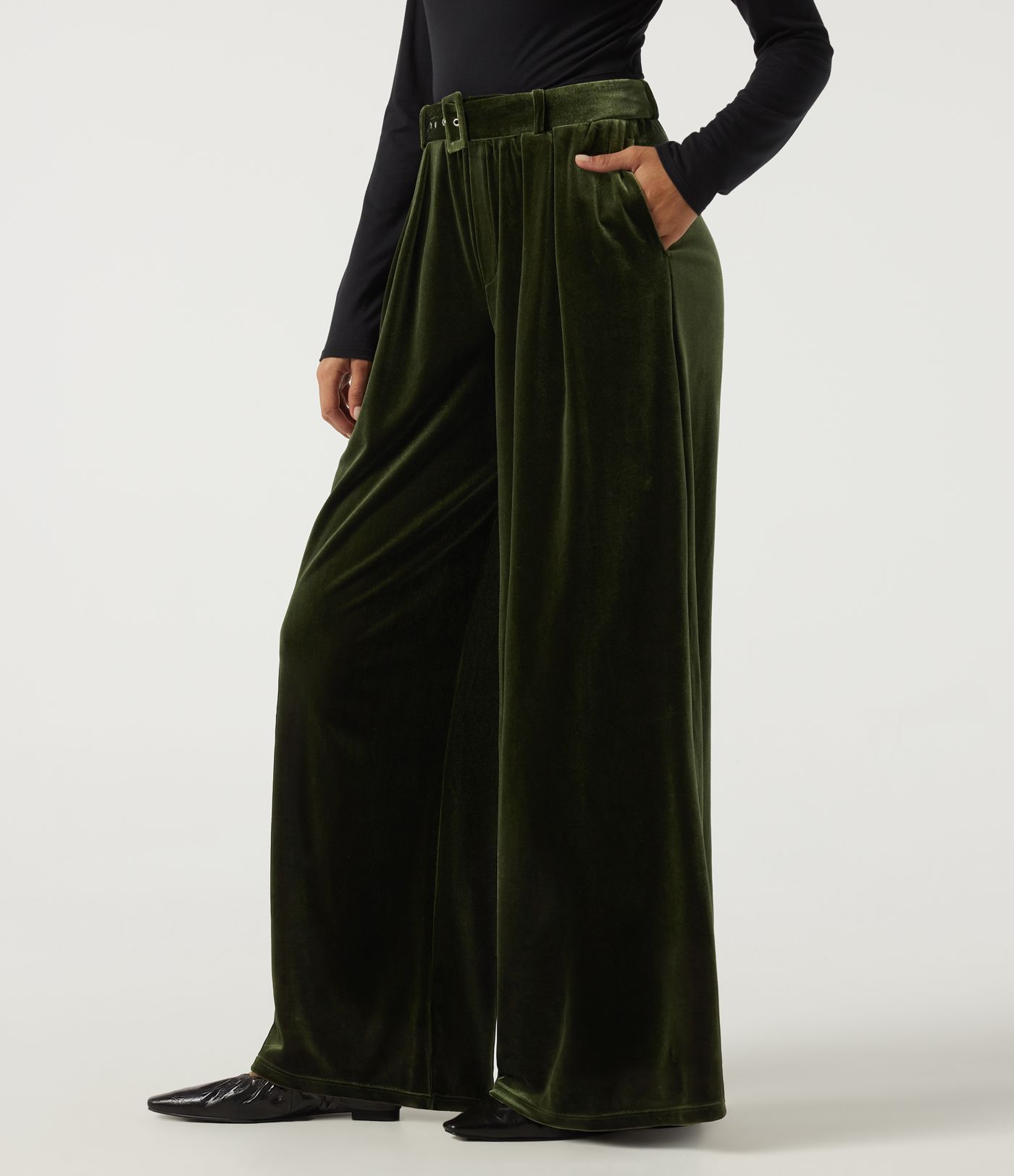 High Waisted Belted Wide Leg Velvet Casual Pants with Pockets