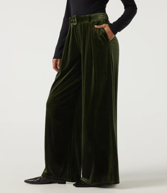 High Waisted Belted Wide Leg Velvet Casual Pants with Pockets