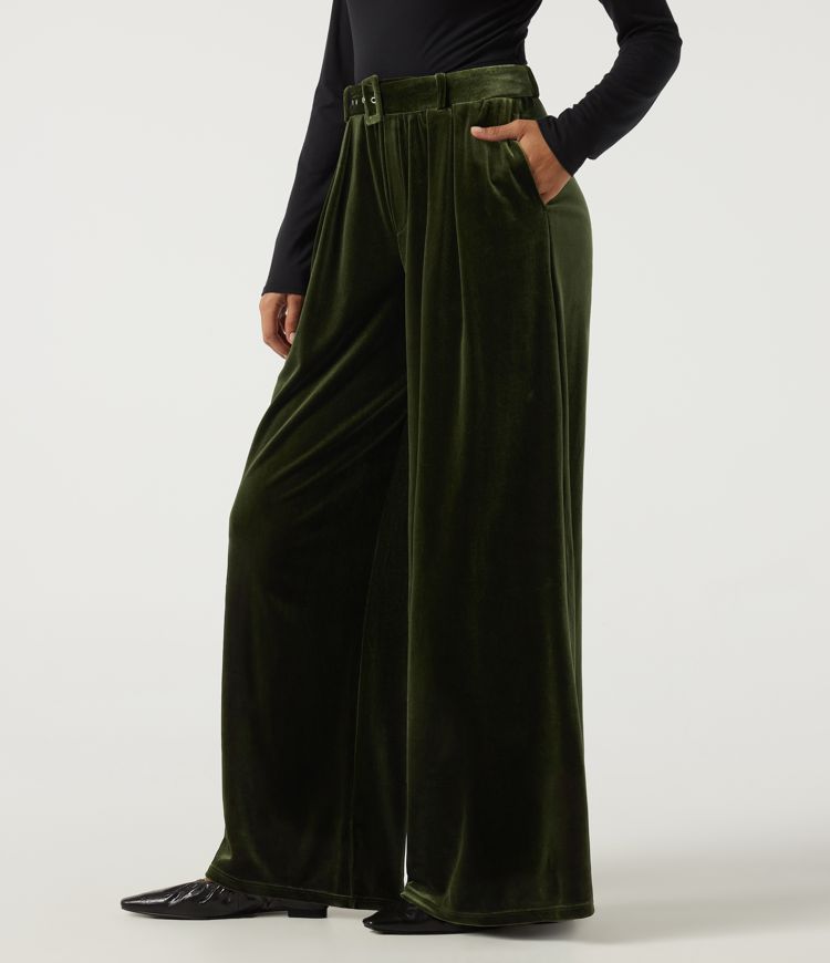 High Waisted Belted Wide Leg Velvet Casual Pants with Pockets