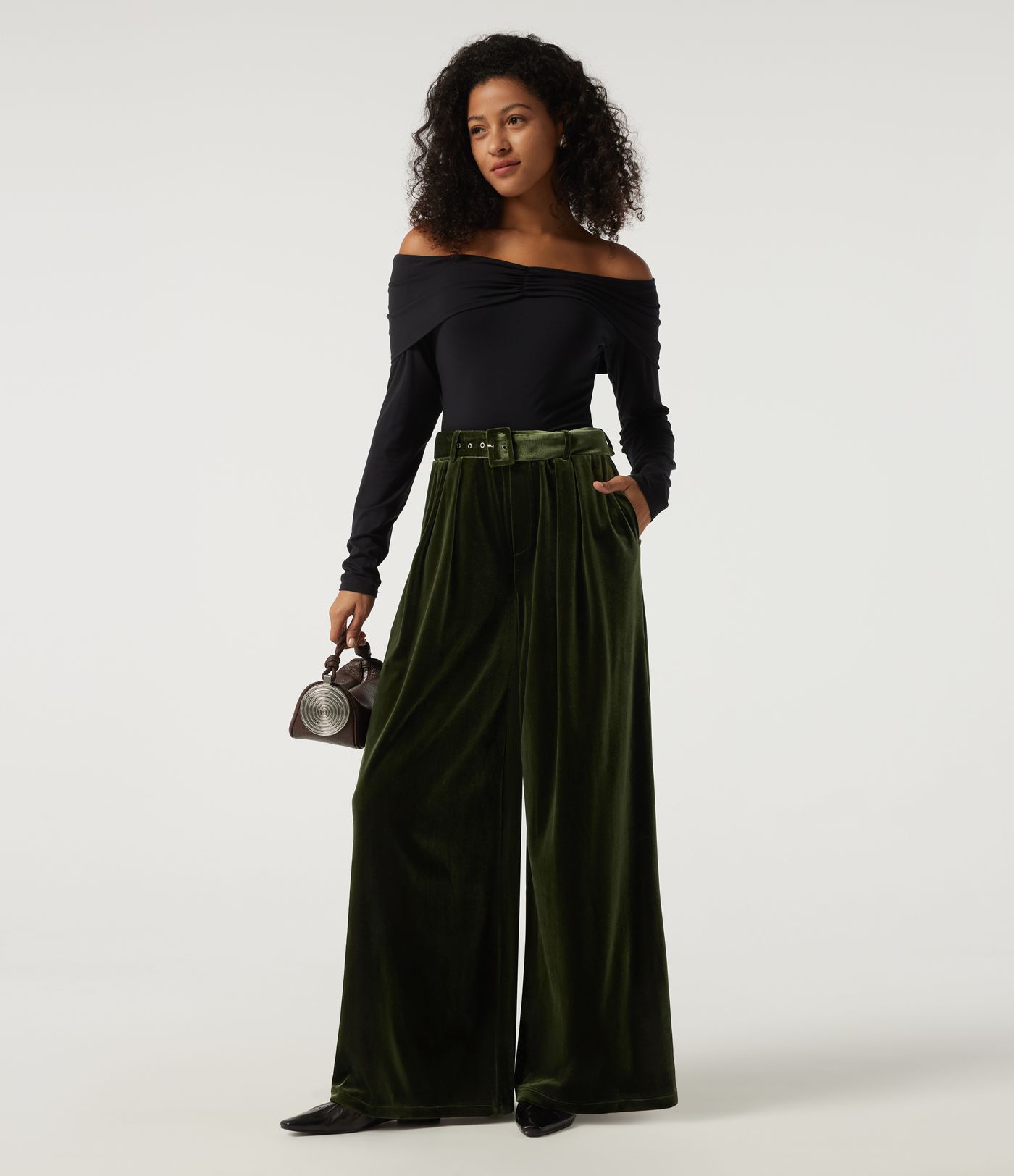 High Waisted Belted Wide Leg Velvet Casual Pants with Pockets