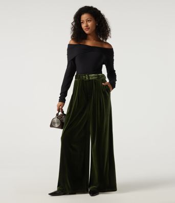 High Waisted Belted Wide Leg Velvet Casual Pants with Pockets