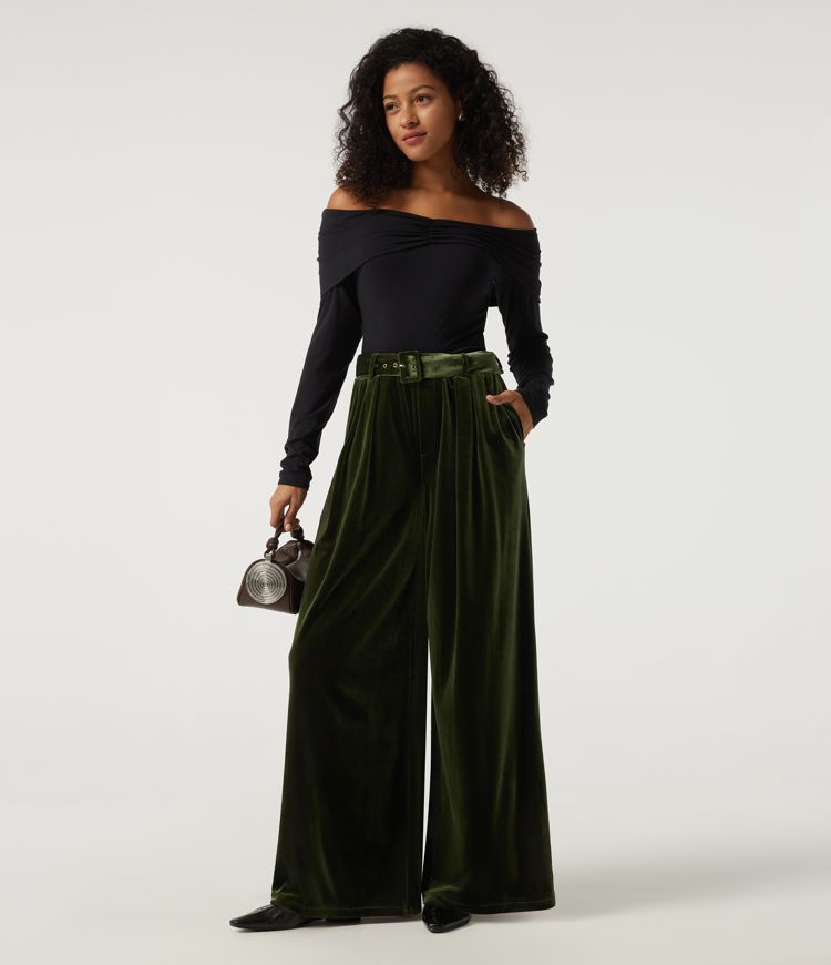 High Waisted Belted Wide Leg Velvet Casual Pants with Pockets