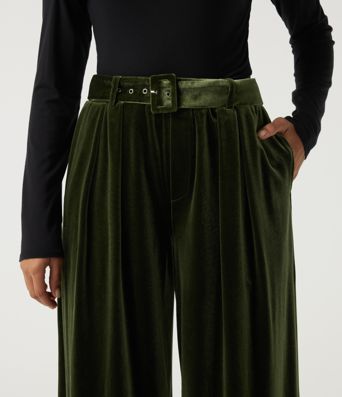 High Waisted Belted Wide Leg Velvet Casual Pants with Pockets