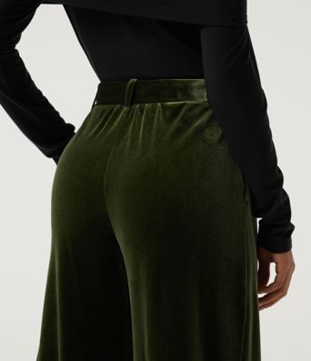 High Waisted Belted Wide Leg Velvet Casual Pants with Pockets