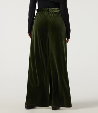 High Waisted Belted Wide Leg Velvet Casual Pants with Pockets