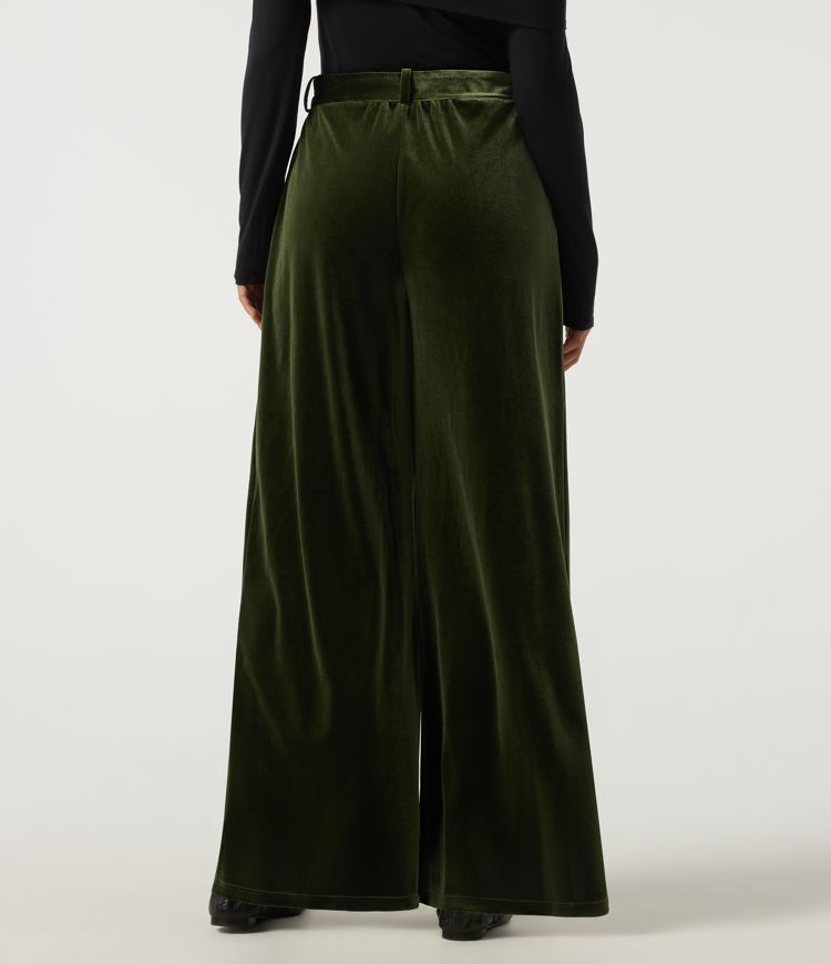 High Waisted Belted Wide Leg Velvet Casual Pants with Pockets