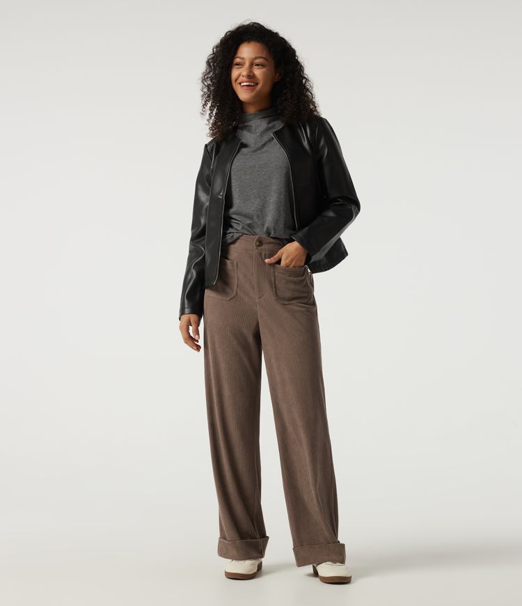 High Waisted Straight Leg Corduroy Casual Pants with Pockets