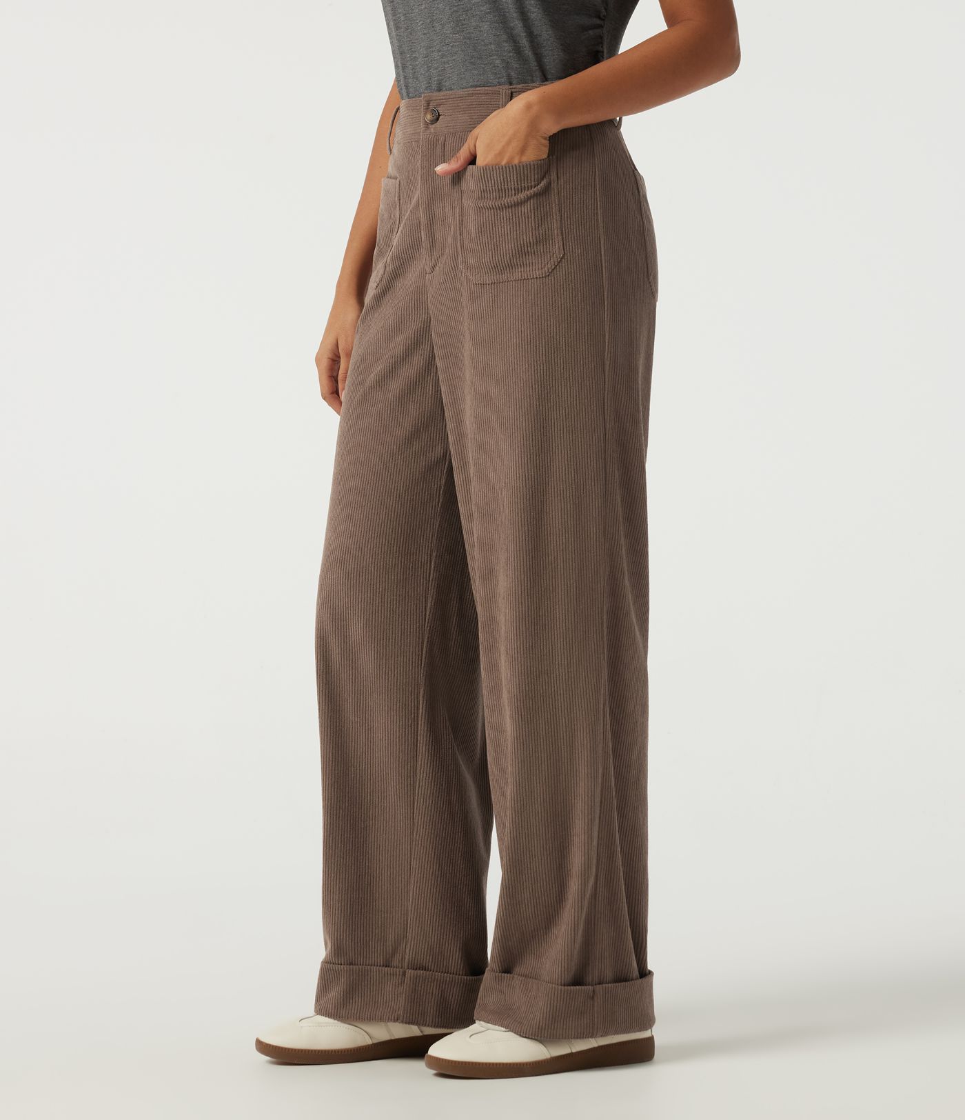 High Waisted Straight Leg Corduroy Casual Pants with Pockets