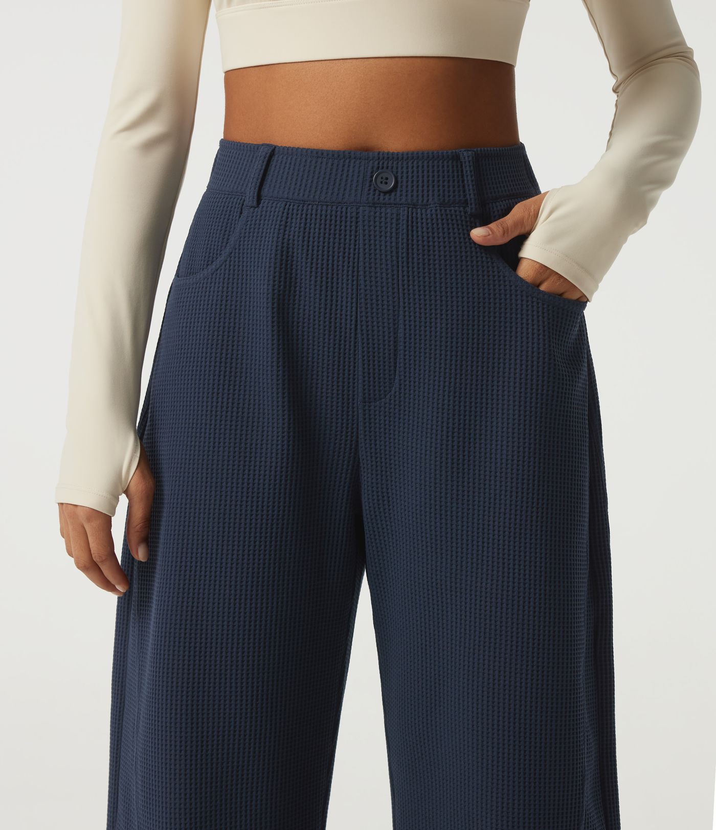High Waisted Barrel Leg Waffle Casual Pants with Pockets High Waisted Barrel Leg Waffle Casual Pants with Pockets