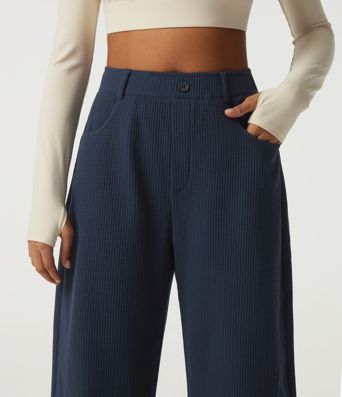 High Waisted Barrel Leg Waffle Casual Pants with Pockets High Waisted Barrel Leg Waffle Casual Pants with Pockets