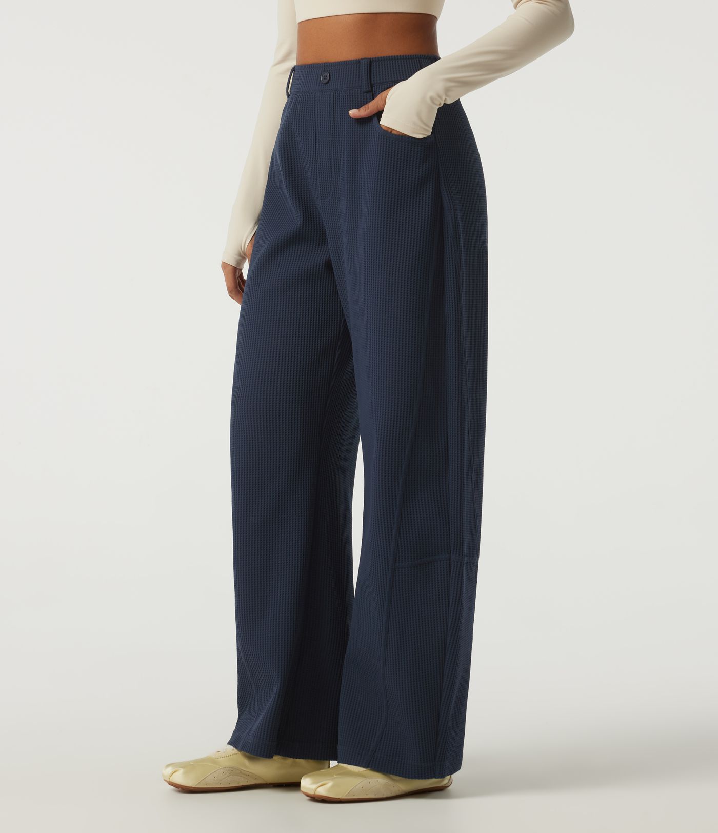 High Waisted Barrel Leg Waffle Casual Pants with Pockets High Waisted Barrel Leg Waffle Casual Pants with Pockets