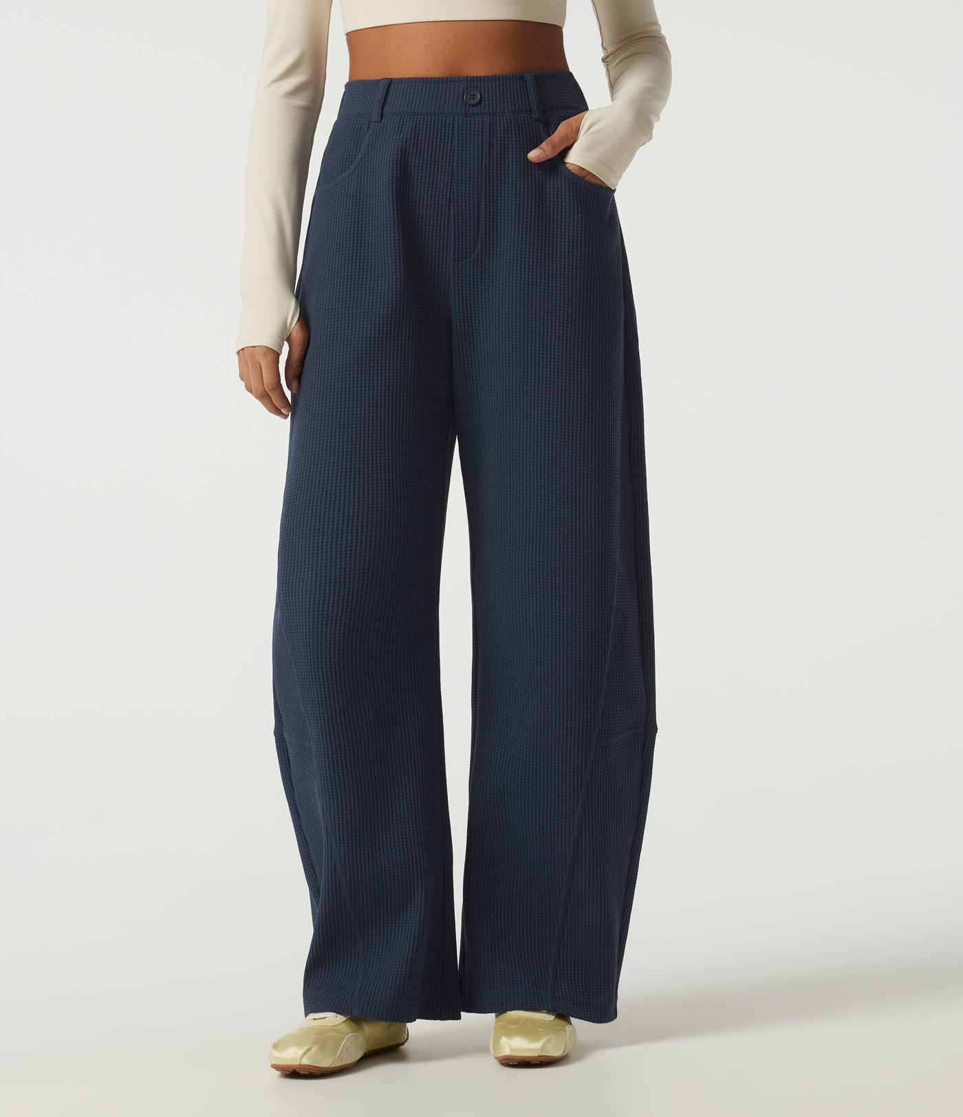 High Waisted Barrel Leg Waffle Casual Pants with Pockets High Waisted Barrel Leg Waffle Casual Pants with Pockets
