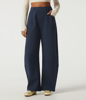 High Waisted Barrel Leg Waffle Casual Pants with Pockets High Waisted Barrel Leg Waffle Casual Pants with Pockets